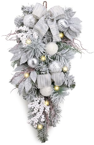 Valery Madelyn Julklapp, hängande med LED-lampa, 60 cm (24 tum) julgirlang med silverkulor, ornament för ytterdörr, trappa, veranda, utomhus, fönster