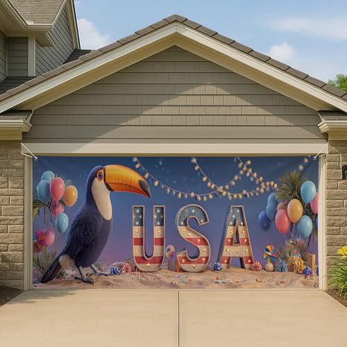 Copertura per porta del garage degli Stati Uniti, grande decorazione per esterni per feste festive con tucano, esposizione patriottica estiva per cortile, 390 x 180 cm