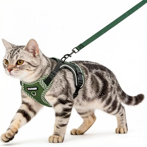 Cat Harness and Lead Set, Escape Proof Kitten Harness with Leash Adjustable Lightweight Soft Vest Harnes s with Reflective Strips, Breathable Mesh for Cats Safe Outdoor (Green, M)