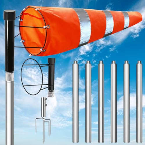 8 in x 36 in Aviation Grade Wind Sock,Heavy Duty Airport Windsock Kit Pole Kit with Swivel, Includes No-Dig Ground Anchor Metal Pole, Assembly Height 9 Ft, for Aviation/Industrial/Agricultural