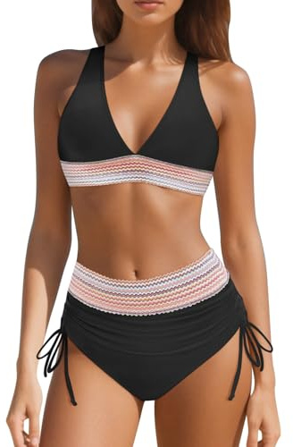 Maillot de Bain Femme Deux Pièces Haut Col V et Culotte avec Cordons Réglables sur Le Côté Bande Imprimée Bikini Vêtement Baignade Natation Plage Vacances Été Tissu Extensible Doux (a-Black, XL)