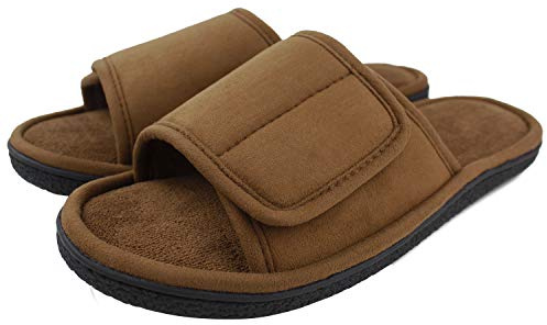 Magtoe Men's Summer Open Toe Back Slippers - Adjustable Hook Loop Closure Strap, Indoor Outdoor Slides With Memory Foam, Hot Micro Suede Home Shoes, Brown XL(13-14)