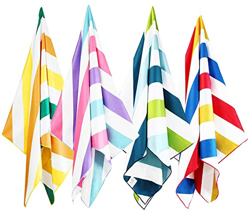 Whale Flotilla 4 Pack Large Quick Dry Beach Towel (30x60), Microfiber Sand-Free Beach Towel Set, Super Absorbent Compact Pool Travel Accessories, Pink/Summer/Green/Orange