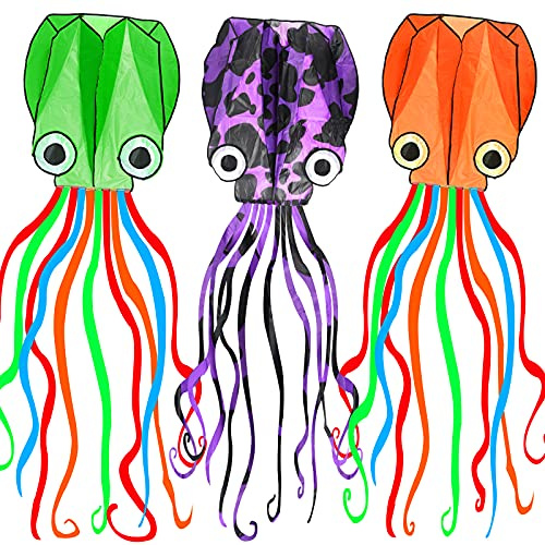 Octopus Kite 3 Pack, Kites for Kids Easy To Fly, Kites for Adults, Kites for Kids Ages 8-12, Kite for Toddlers, Kites for Beach, Kite String 100M Large 3D Giant Rainbow Kites for Boys, Kites for Girls