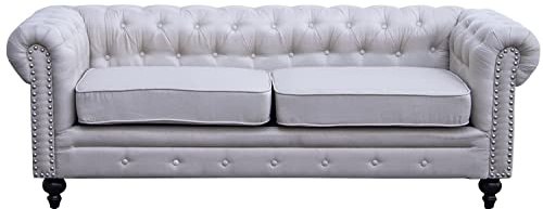 Sofá Chester de 3 Plazas con 2 Cojines de Tela y Madera en Beige 197x77x70cm