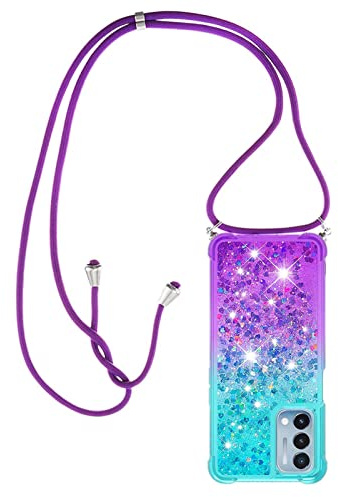 Paekear Halsband för Samsung Galaxy S8 silikonskal, flytande glitterflickor, kvinnor, axelbandsfodral och snodd, med justerbar snoddficka, blå och lila
