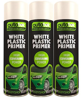 AutoTek White Plastic Primer Multi-Purpose Aerosol Spay Paint 500ml x3