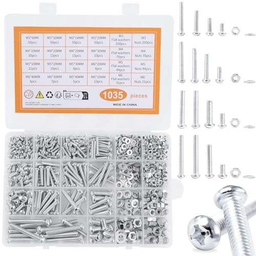 1095pcs M3 M4 M5 M6 Schrauben Set, Kreuzschlitzschrauben und Innensechskantmuttern mit Unterlegscheiben Sortiment Kit