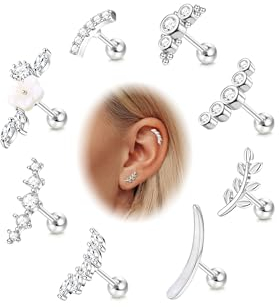 FIOROYAL 8Pcs 16G Helix Piercings Chirurgenstahl Ohrringe Set Blume Top Piercing Ohr CZ Knorpel Ohrstecker für Damen Tragus Helix Conch Piercing Silber