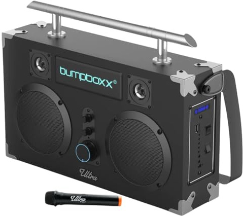 Bumpboxx Bluetooth Boombox Ultra Plus | Retro Boombox with Bluetooth Speaker | Includes Rechargeable Lithium Battery, Carrying Strap & Mic | Easy to Carry | Black