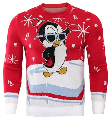 Demegimi Hombres Jerseys Navideños Suéter Divertido Navidad Manga Larga Jersey Navideño Feo de Pingüinos Redondo Pullover de Punto de Navidad