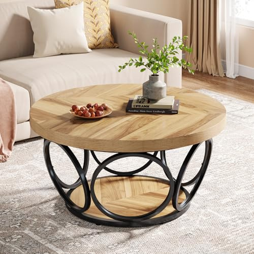 Tribesigns Tavolino Salotto Industriale - Piano Legno/Base Metallo, Tavolino Basso Rotondo a 2 Ripiani, Ø80cm x H43cm, Tavolino da caffè Moderno da Soggiorno (Venature Del Legno.)