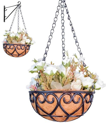 Cestini da appendere da giardino, rivestimento in cocco per cesti appesi, cesto rotondo da appendere, fioriera rotonda in metallo, cesto appeso, per interni ed esterni, giardino, , balcone