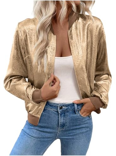 Mrat Sequin Jacket for Women Uk Sparkly Bomber Jackets Long Sleeve Zip Flight Coat Ladies Biker Glitter Baseball Jackets Shiny Metallic Pullover Tops Club Party Wedding Dance Night Out S M L XL 2XL