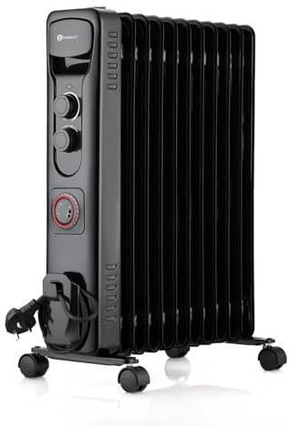 PureMate Oil Filled Radiator, 2500W/2.5KW - 11 Fin - Portable Electric Heater, 3 Power Settings, Adjustable Temperature and Thermostat, Thermal Safety Cut off & 24 Hour Timer