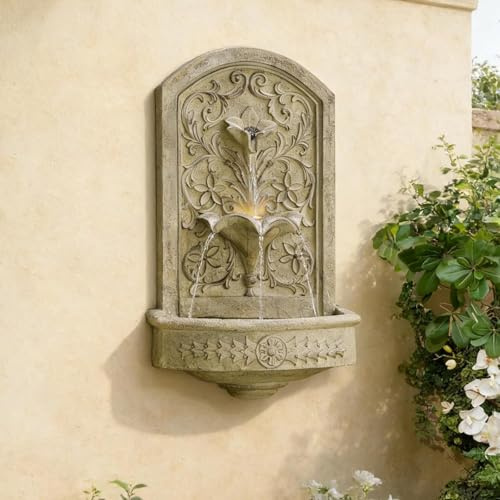 Sunlinua Vintage Wandbrunnen – 3-stufiger Gartenbrunnen für Außen mit LED-Beleuchtung und elektrischer Pumpe, Wasserfall-Springbrunnen für Garten, Terrasse, Balkon,(Grau)