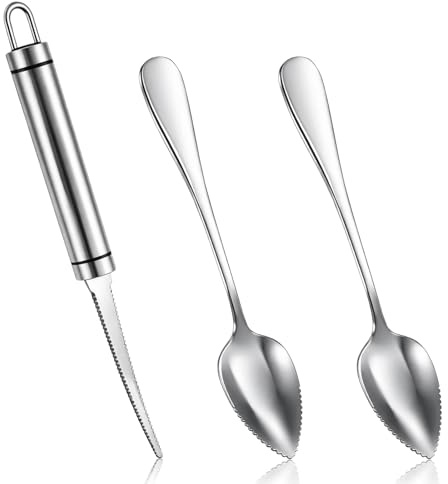 Set di 3 cucchiai di pompelmo in acciaio inox, 2 cucchiai di pompelmo, 1 coltello da pompelmo con manico, cucchiaio kiwi, set di coltelli con lama seghettata, cucchiai di frutta, per limone, melone e