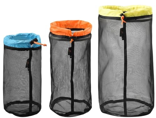 3Pcs Travel Stuff Mesh Sack Drawstring Bags Lightweight Nylon Net Bag Durable Mesh Storage Bag,Travel Stuff Sack, Camping Hiking Visibility Pouch, 3 Size Selectable(Blue S + Orange M + Green L)