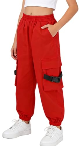 Rolanko Pantaloni Cargo per Bambini,Pantaloni da Jogging per Ragazzo e Ragazza Street Hip Hop Dance(Rosso,13-15 anni/170)