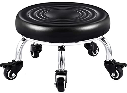 Kalolary Tabouret Pivotant à roulettes Réglable avec Siège Rond Base en Métal Robuste Petit Tabouret Bas Cuir sur roulettes pour Salon Massage, Coiffure, Spa, Thérapie Tatouage (sans Dossier, Noir)