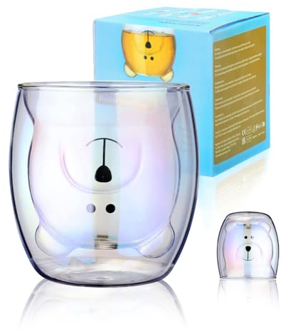 Bicchiere carino con isolamento a doppia parete, tazza per tè e latte, con orso carino, ottima idea regalo per compleanni, per ufficio e uso domestico (orso iridescente)