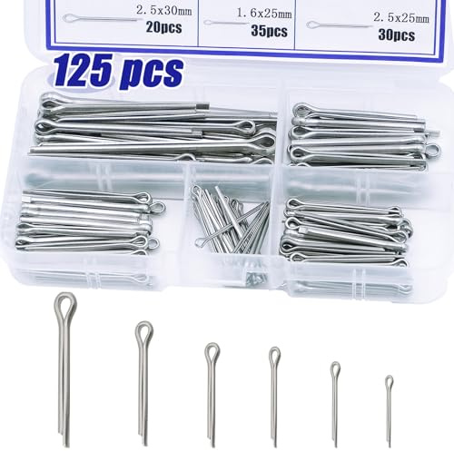 Uillcuet 125pcs Cotter Pin Assortment Kit, 6 Sizes 304 Stainless Steel Cotter Pins Set, Split Pin Fastener Clips for Car Mechanics, Lawn Mowers, Trucks, Tractors Repair