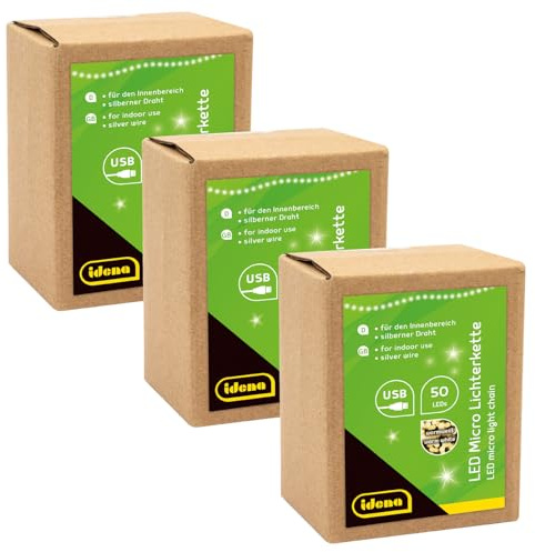 Idena 30257-3-Microcatena luminosa 50 LED in bianco caldo, 3 pezzi con spina USB, ciascuno lungo 2,75 m, interni, per l'artigianato, feste, decorazione natalizia, per matrimoni, argento, 30257-3