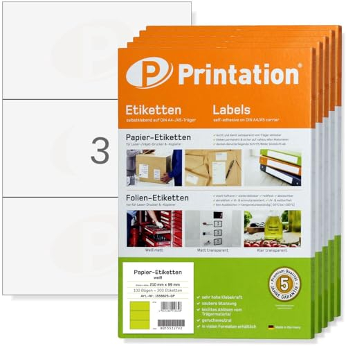 Printation Etiketten 210 x 99 mm weiß selbstklebend bedruckbar - 1500 Klebeetiketten/Labels auf 500 DIN A4 Bogen 3x1 210x99 BigPack - 3 Aufkleber zum bedrucken pro A4 Blatt - Universal-Aufkleber 4664