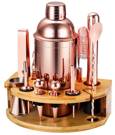 Set Shaker Cocktail Kit Barman con Supporto, Set Barman in Acciaio INOX da 750ML 12 pezzi con dosatore misurino cocktail, Kit Barman Professionale Completo per Home Bar, Regali per Papà (Oro Rosa)