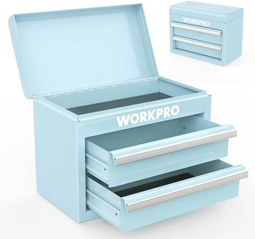 WORKPRO Mini Boîte à Outils en Métal avec 2 Tiroirs et Plateau Supérieur 27,5 x 15 x 20,8 cm, Portable Coffret de Rangement pour Outils, Idéal pour Usage Quotidien (Bleu)