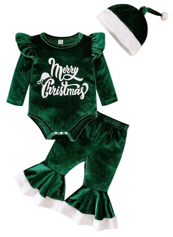 Kunyeah 3 Piezas Bebé Niña Outfit de Navidad - Mi 1ª Ropa Navideña, Top de Terciopelo Infantil + Pantalones de Campana + Gorro (Verde, 3-6 Meses)