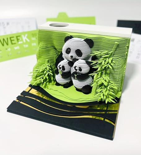 3D Creative Time Piece Calendar 2026 Desk Weekly Calendar Decoration with Acrylic Case, Paper Sculpture Non-stick Notes, Paper Carving Art Craft Chirstmas Gift (Panda)