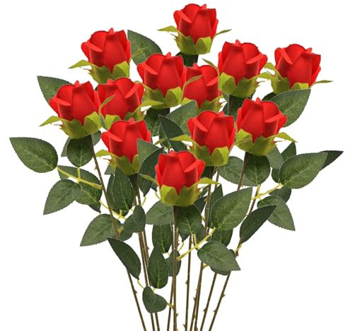 Lot de 12 roses artificielles en soie rouge - Bouquet simple à longue tige - Fleurs décoratives réalistes pour mariage, fête, bureau, décoration d'intérieur