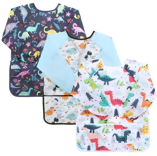 Guiqulai Kids Art Smock, 3 Pack Toddler Painting Apron Age 3-8 Waterproof Artist Painting Aprons Long Sleeve with 3 Pockets for Painting, Cooking, Crafts, Clay