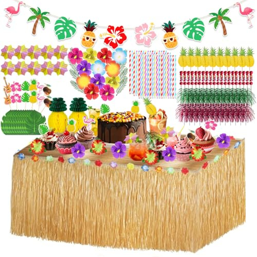 HavaCue 200 Pcs Hawaiano Luau Falda de Mesa Set de Decoración, Decoracion de Fiesta Tropical, Pastel de Fuegos Artificiales, Hojas de Palma Flores Hawaianas Pajitas,Piñas 3D para Mesa