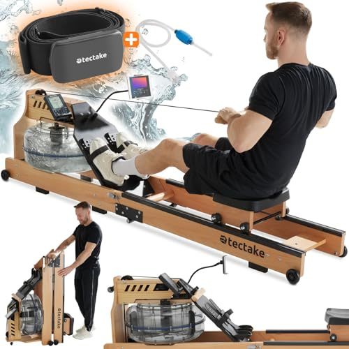 tectake® Maquina de Remo de Madera, Gran Depósito de 16L, Asiento Ergonómico, Pedales Ajustables, Ordenador de Entrenamiento con Bluetooth, Gimnasio en Casa, Ejercicio en Casa - Madera de Haya