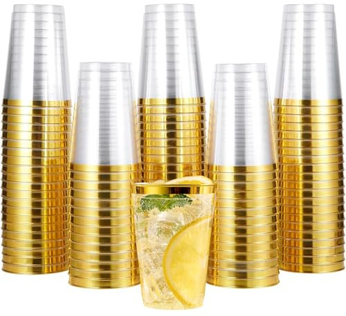 AUTOWNLUX 50 Stück Hartplastik Plastikbecher mit Gold Rand, 360ml/12oz Kunststoff Partybecher, Mehrweg Transparent Trinkbecher für Party, Hochzeiten, Geburtstag