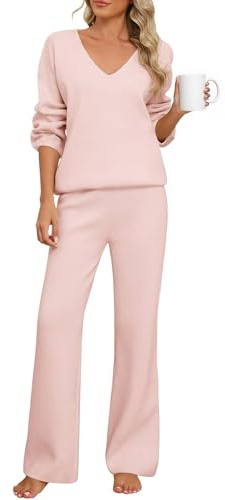 PASUDA Ribbade loungekläder set för kvinnor 2-delad träningsdräkter fullt set långärmad v-ringad elastisk midja Co ordset damer pyjamas myskläder nattkläder hemmakläder fritidskläder, Rosa, XL