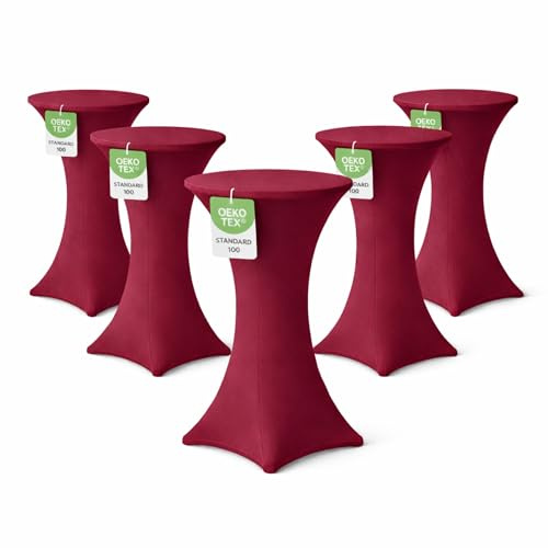 EXKLUSIV HEIMTEXTIL Stehtischhusse für Bistrotisch mit 4 verstärkten Fußlaschen elastisch Stretch Oeko-TEX Zertifiziert Ø 80-85x110-120 cm Bordeaux (5 Stück)