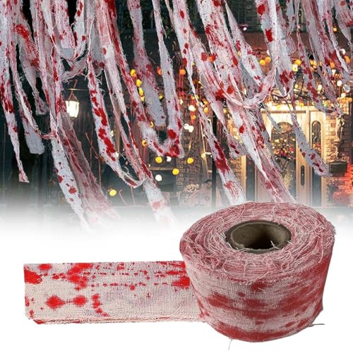 Nucalt 10M Gasa de Sangre de Halloween Paño Espeluznante de Halloween Paño de Sangre Espeluznante para Tela de Gasa Ensangrentada con Estampado Blanco，para Fiestas de Disfraces Accesorio