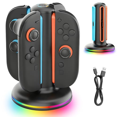 Switch Controller Stazione di ricarica compatibile con Nintendo Switch 2, 4 in 1 Joy Con caricatore simultaneo di 1-4 Joy-Cons con 9 modalità di illuminazione RGB e indicatori di carica a LED