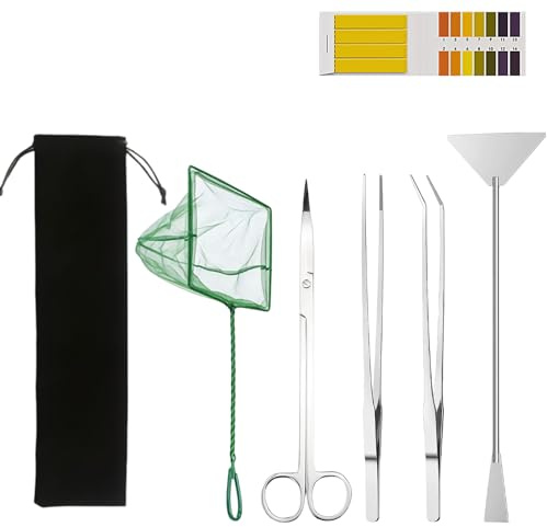 Aquarium Aquascape Tools Kit, 6 in 1 Aquatic Plant Aquascaping Tool Stainless Steel Tweezers Scissors Spatula with Fishing Net and PH Paper, Live Fish Plants Tank Accessories Cleaning Trimming Kit