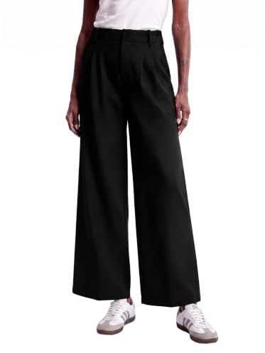 GRECERELLE Womens Wide Leg Business Trousers Soft Ladies Elasticated Casual Commuter High Waisted Pants Yoga Palazzo Trousers with Pockets for Women UK
