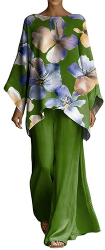 Ensemble 2 Pièces Femme en Coton et Lin Style Ethnique Bohème, Blouse Haut Ample Manches Chauve‑Souris et Pantalon Large Jambes Fluide Évasées, Tenue Ensembles Bohème Chic pour Été Vacances Plage