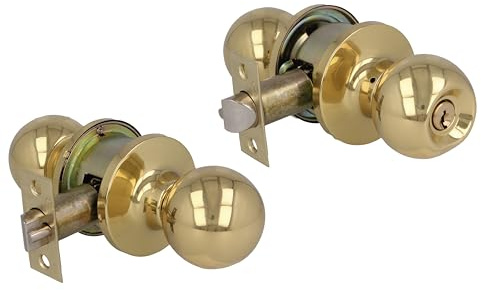 Amig - Juego de pomos tipo bola - Con llave exterior - Picaporte de entrada 60/70 mm - Canto cuadrado - Latón - Dorado - Puertas de grosor de 35 a 45 mm