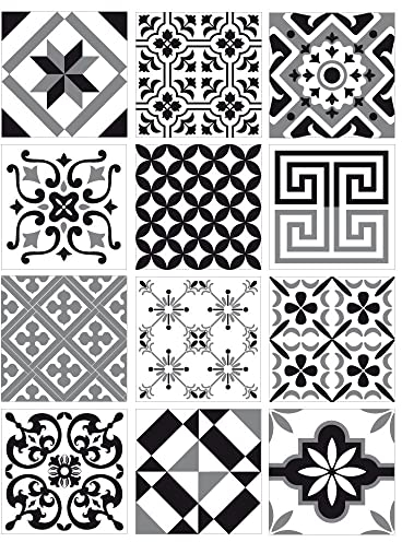 Stickers carreaux de ciment Noir, Gris, Blanc. Planche 12 carreaux ciment adhésifs GREYBLACK Stickers décoratifs. Autocollant mural - GREYBLACK - Dimensions d'un Sticker : 20 x 20 cm