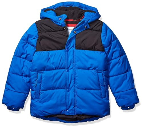 Amazon Essentials Jungen Schwere Pufferjacke mit Kapuze, Kobaltblau Schwarz Farbblock, 5 Jahre