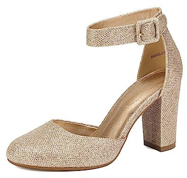 DREAM PAIRS Womens High Heels Closed Toe Court Shoes Block Ankle Strap Ladies Sandals for Wedding,Size 5,Gold/Glitter,Angela