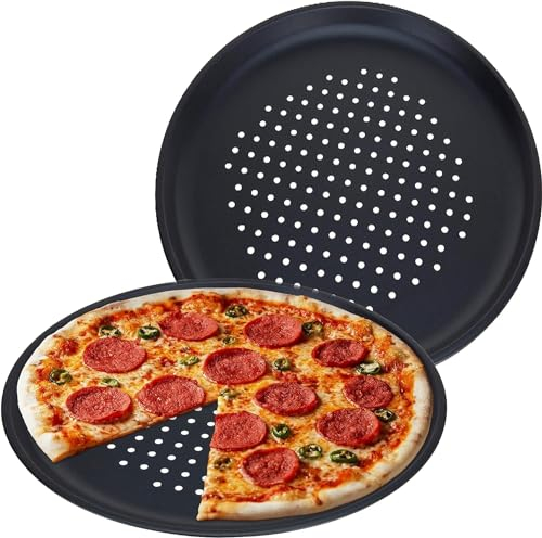 GEEZY Large Non-Stick Pizza Baking Tray 32cm (12.5) - Set of 3, Round Carbon Steel, Perforated Holes, Dishwasher, Fridge, Freezer Safe - Pizza Pan & Plate for Oven, Flatbread, Family Meals