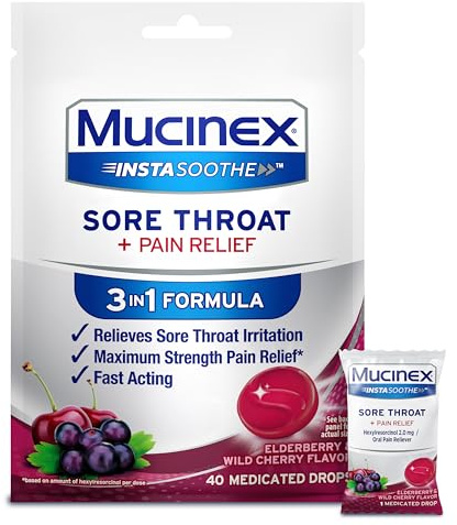 Mucinex InstaSoothe Sore Throat + Pain Relief Elderberry & Wild Cherry Flavor, Fast Acting, Powerful Oral Pain Reliever, 40 Medicated Drops